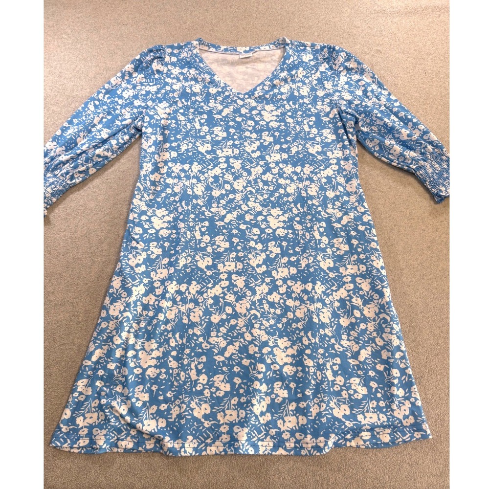 Wiholl Floral V-Neck Dress Womens L Blue White Smocked 3/4‎ Sleeve Excellent